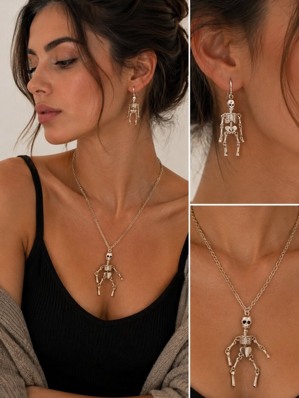 Halloween Skeleton Necklace Earrings Set Silver Tone 2pc